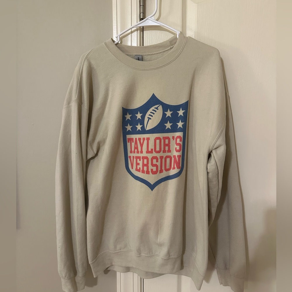 Taylor Swift Gildan Beige Crewneck Sweater with Football Graphic